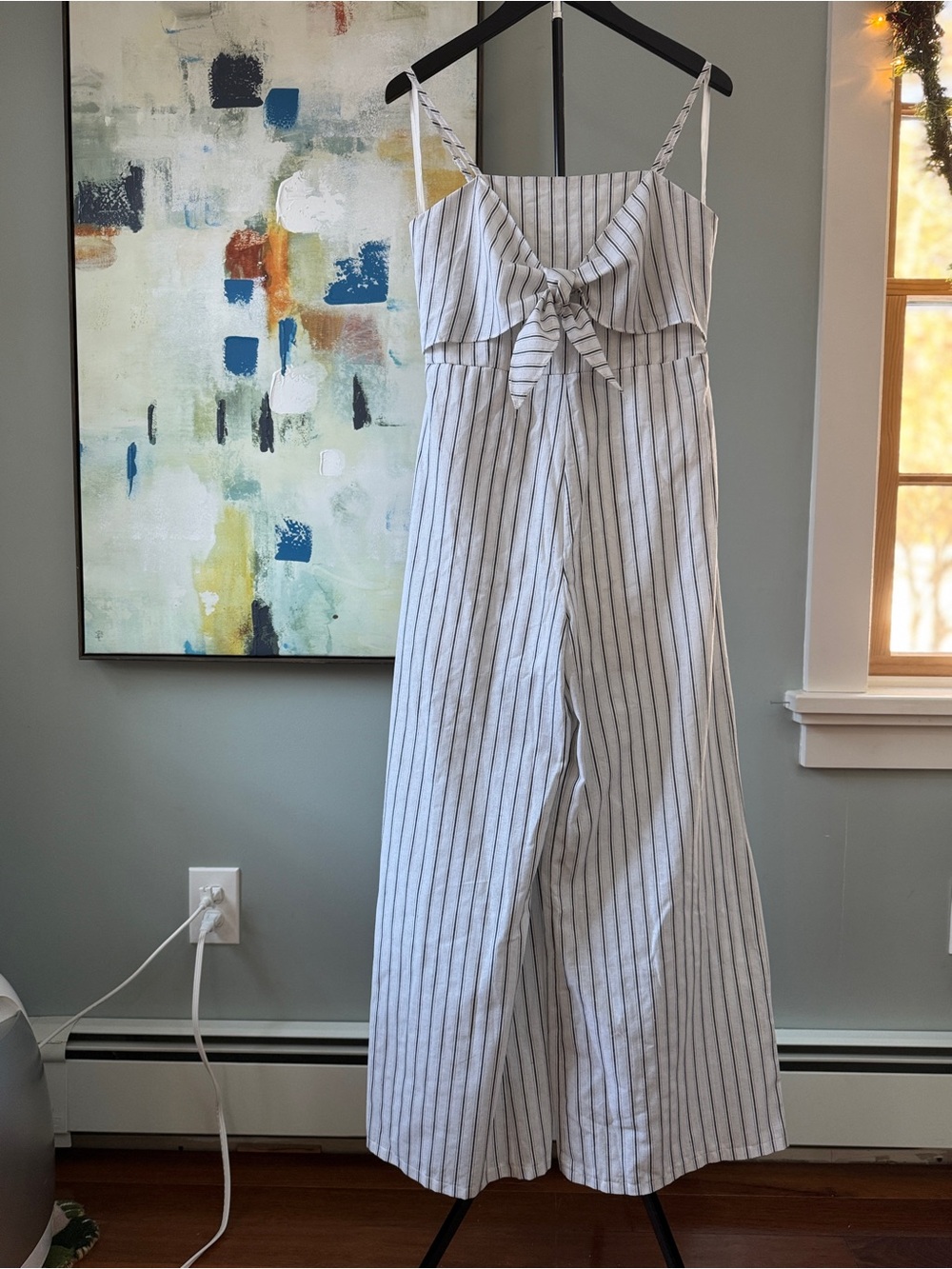 She + Sky White and Navy Striped Tie-Front Jumpsuit